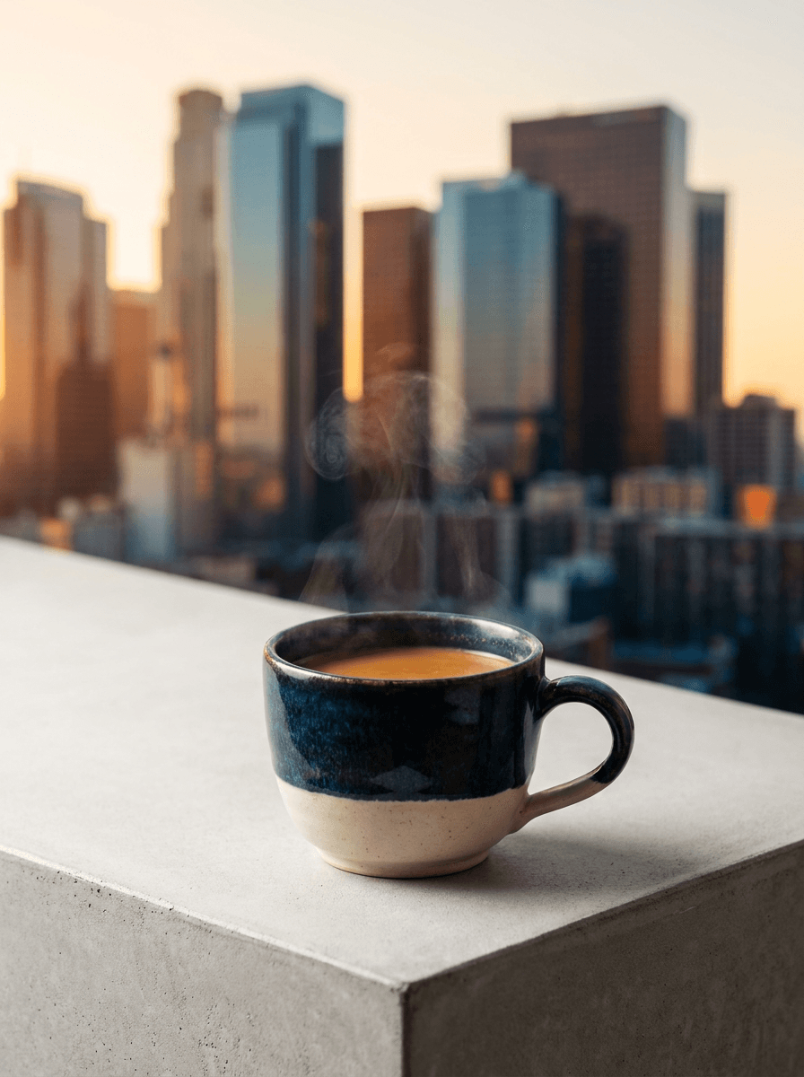 Chai cup overlooking a city skyline