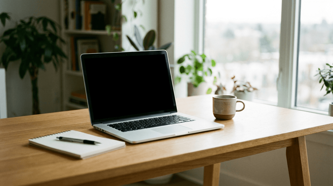 A clean engineering workspace with laptop and notebook