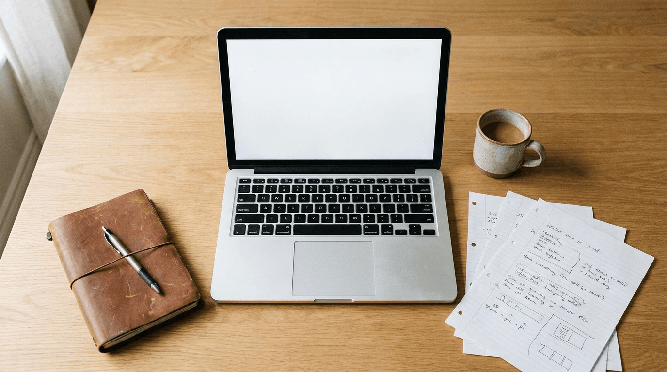 Editorial flat-lay with laptop, notebook and papers
